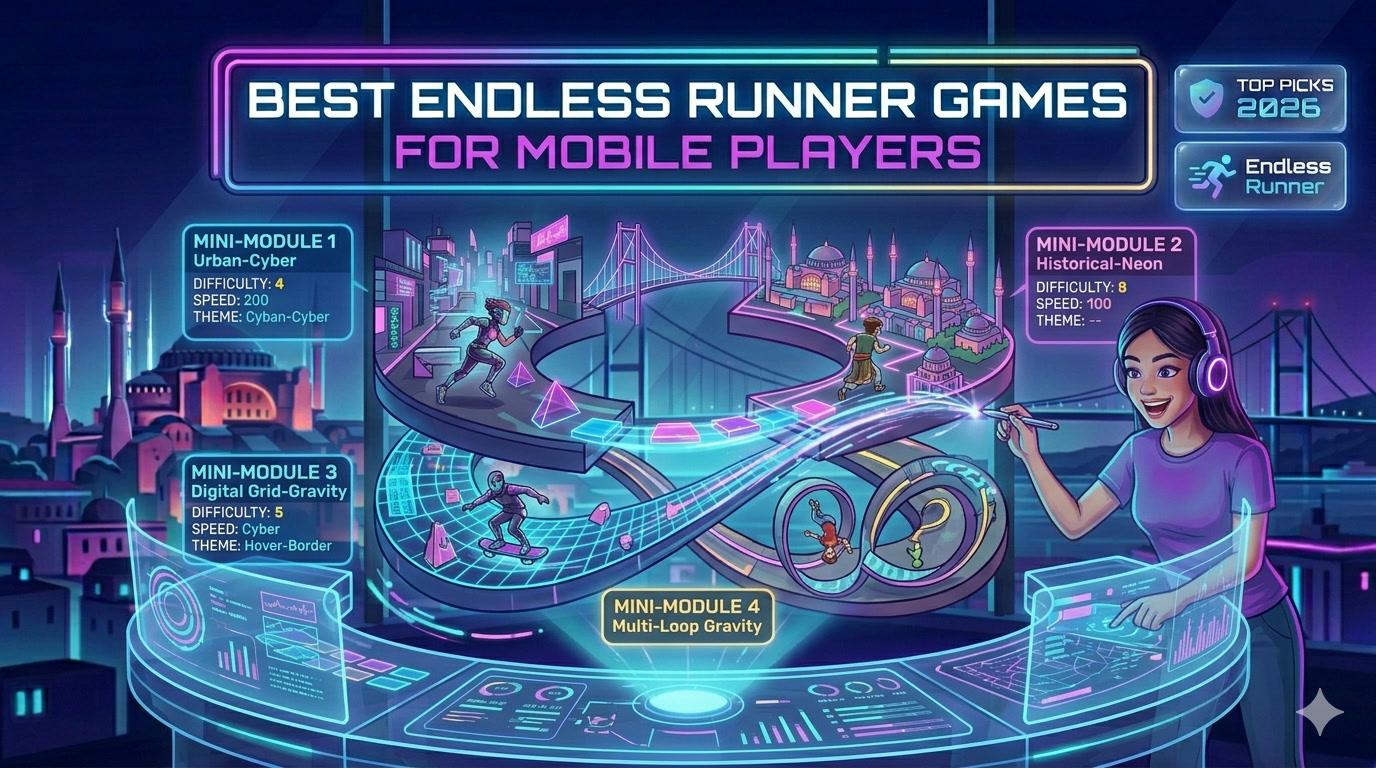 Abstract game artwork used as the cover image for an endless runner roundup