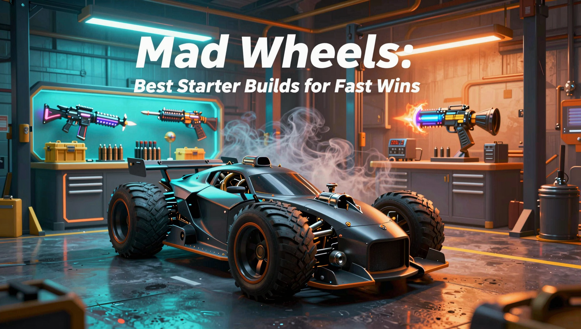Mad Wheels poster art used as a cover image for a guide explaining weapons and parts