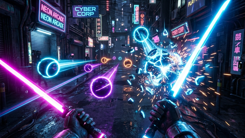 A cinematic widescreen premium 3D render showing a first-person perspective in VR, where the player is wielding two glowing energy swords to slash incoming glowing synth spheres in a futuristic cyberpunk alleyway, conveying exciting, high-energy arcade action