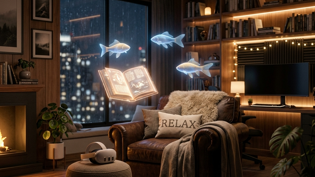 A cinematic widescreen premium 3D render of a cozy, modern study room with warm ambient lighting, featuring a comfortable leather armchair where a glowing virtual book and quiet holographic fish float in mid-air, representing comfort and relaxation for long VR sessions