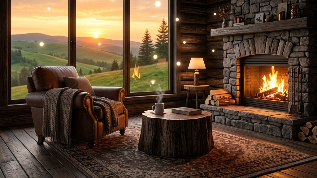 A cinematic widescreen premium 3D render of a cozy cabin interior at sunset, with a warm fireplace, a view of rolling green hills, and soft gentle floating lights