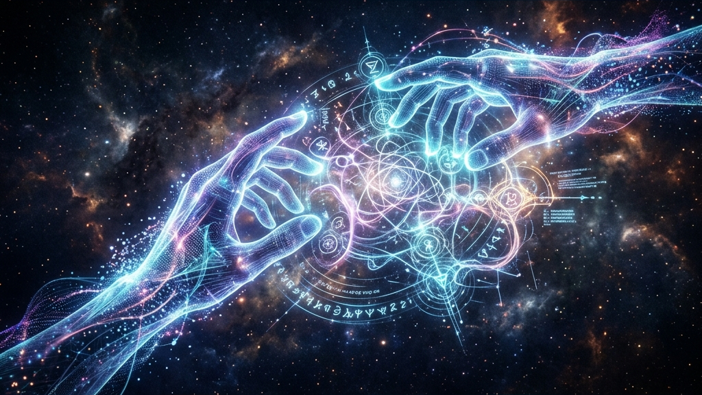 A cinematic widescreen digital art of glowing ethereal virtual hands manipulating complex patterns of light and energy floating in space