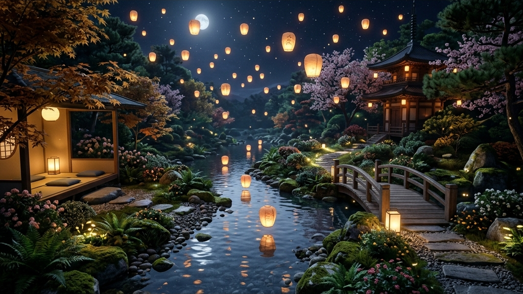 A cinematic widescreen premium 3D render of a calm and cozy virtual garden environment with floating lanterns, a quiet flowing stream, representing a peaceful and comfortable low-motion VR game
