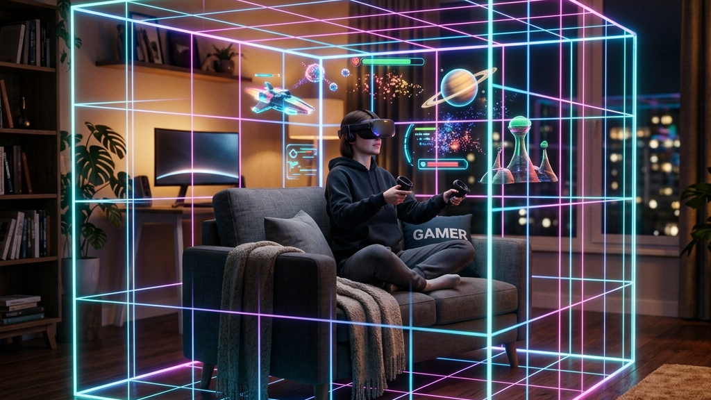 A cinematic widescreen premium 3D render of a cozy, compact modern apartment living room, where a virtual semi-transparent neon boundary grid is safely illuminated around a comfy armchair, with colorful game holograms floating closely inside the safe boundary