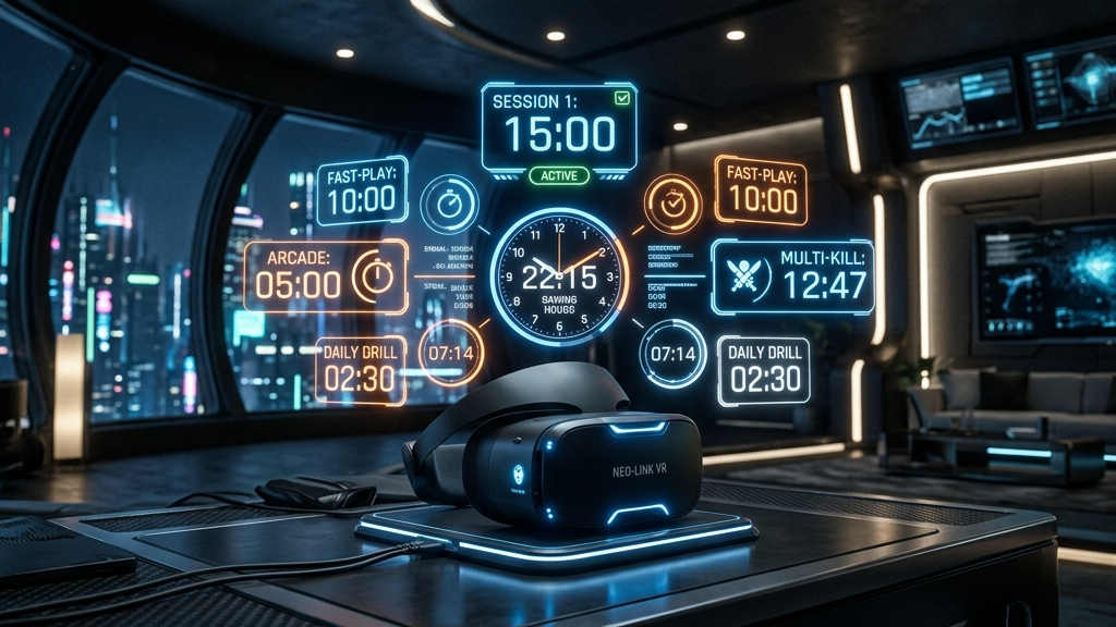 A cinematic widescreen premium 3D render of a futuristic room with a sleek VR headset sitting on a table, with glowing hologram timers and clocks floating around it, representing quick gaming sessions