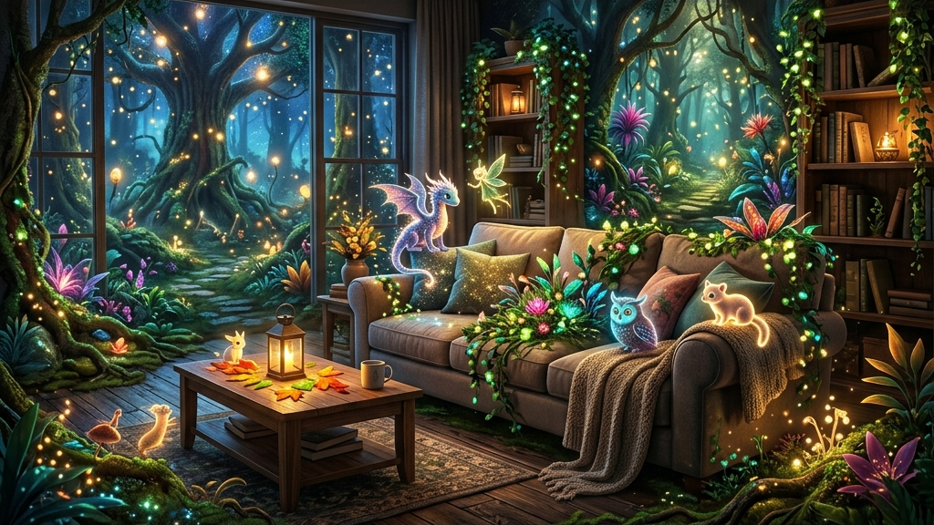 A cinematic widescreen digital art of a living room blending with a virtual fantasy forest and glowing digital creatures