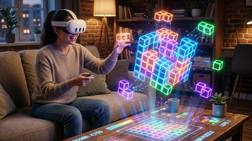 A cinematic widescreen premium 3D render showing a cozy room where a virtual 3D glowing neon puzzle is floating in mid-air, with futuristic puzzle blocks aligning and projecting holographic lights onto a physical coffee table, demonstrating mixed reality puzzle gaming