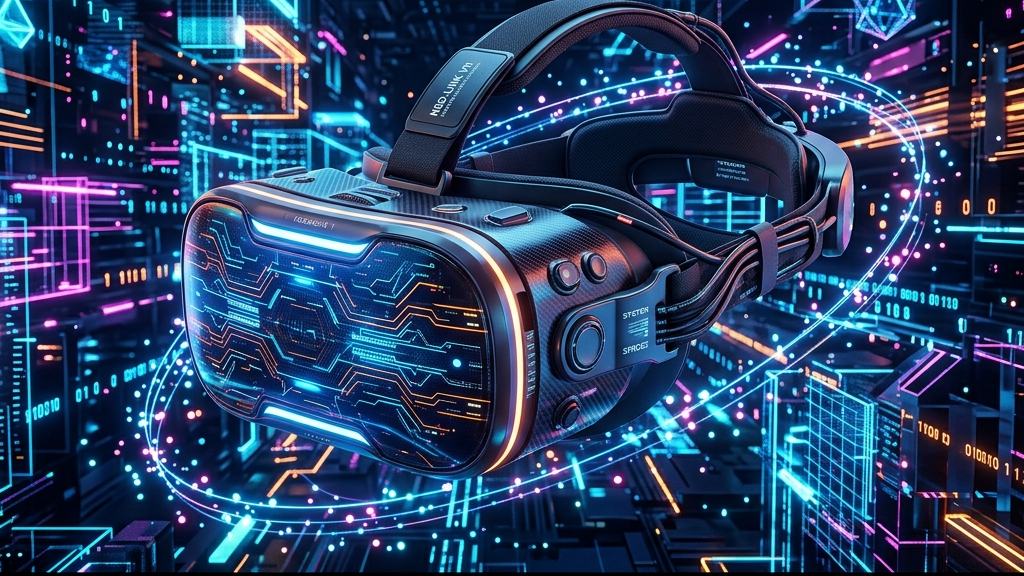 A cinematic widescreen premium 3D render of a futuristic VR headset floating in an abstract cyber world with glowing neon lines