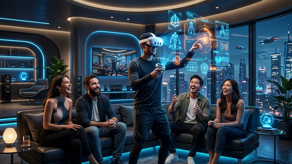 A cinematic widescreen premium 3D render of a futuristic living room where a group of friends is laughing and watching someone demo a sleek VR headset that projects glowing holographic game elements into the room