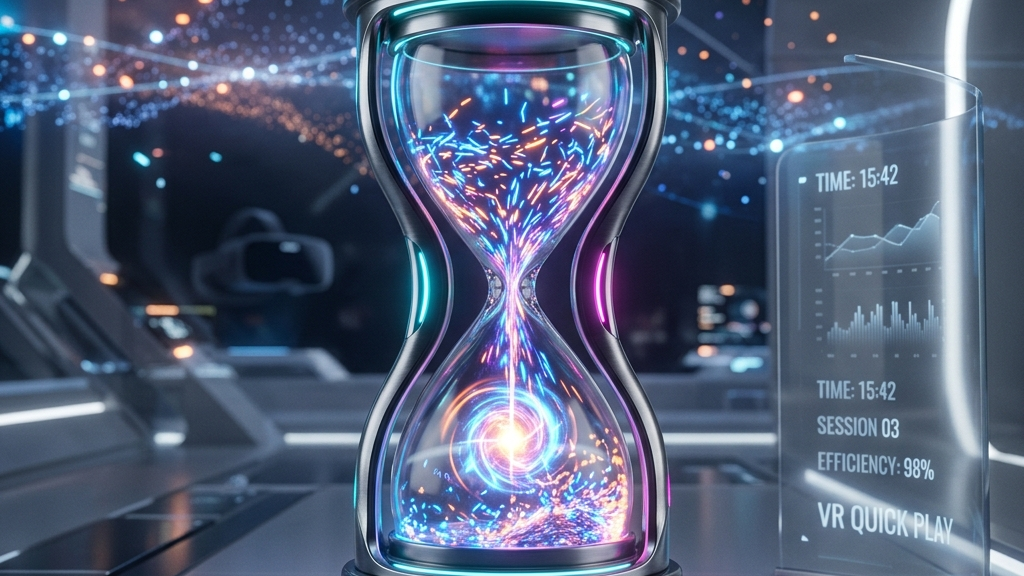 A cinematic widescreen premium 3D render showing an stylized, sleek hourglass in a glowing clean futuristic space, with neon particles flowing through it, symbolizing time management and quick gameplay sessions for busy VR players