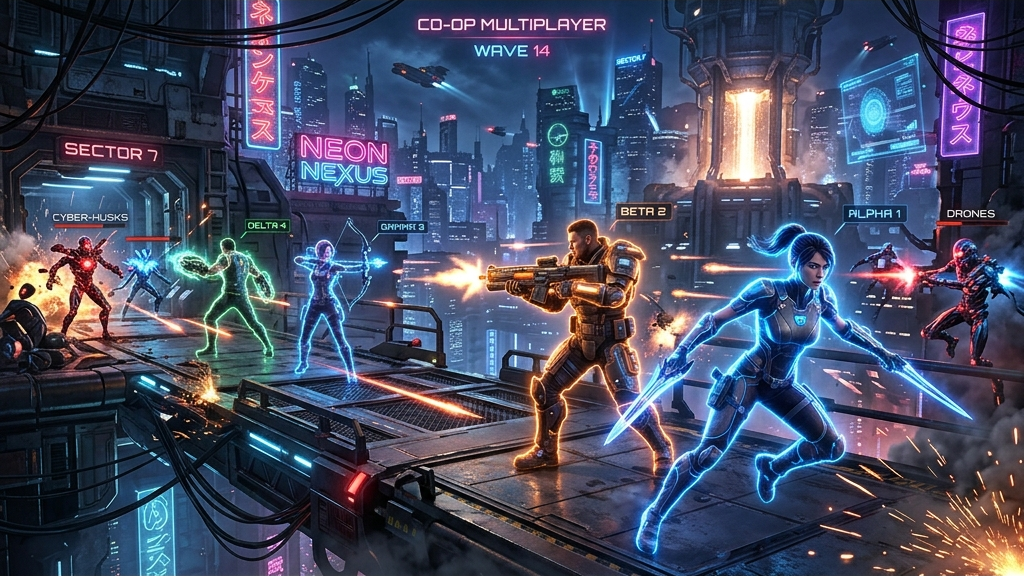 A cinematic widescreen premium 3D render of a futuristic co-op VR action game, where multiple glowing virtual characters are battling together in a dynamic cyber sci-fi environment