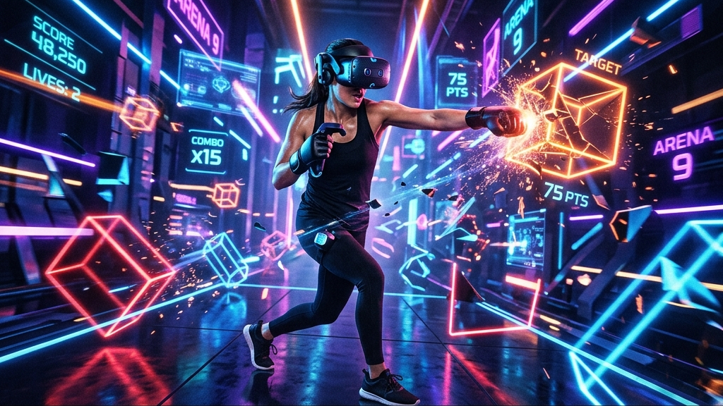 A cinematic widescreen photograph of a high-energy action VR game where a player is dodging obstacles and boxing glowing futuristic targets in a dynamic neon arena