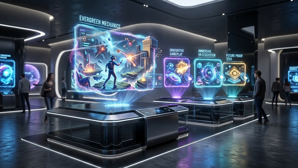 A cinematic widescreen premium 3D render of a futuristic gallery display showcasing glowing, interactive holographic gaming platforms, symbolizing evergreen VR gameplay mechanics that remain innovative and fresh