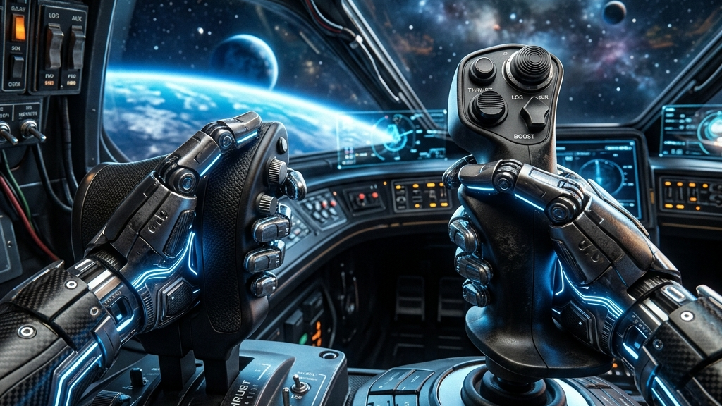 A cinematic widescreen premium 3D render showing a first-person perspective in VR, looking at highly detailed robotic virtual hands with glowing circuit lines, gripping realistic physical VR flight joysticks in a spaceship cockpit, conveying strong hand presence and tactile physical controls