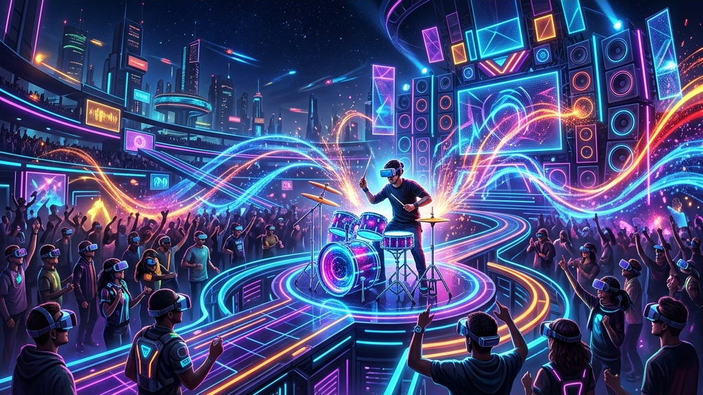 A cinematic widescreen digital art of a futuristic musical VR arena with neon tracks, glowing drum kits and speakers, and colorful energy waves representing rhythm and beat