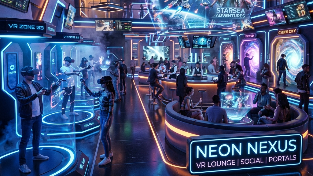 A cinematic widescreen premium 3D render of a futuristic VR gaming lounge with glowing holograms and virtual portals