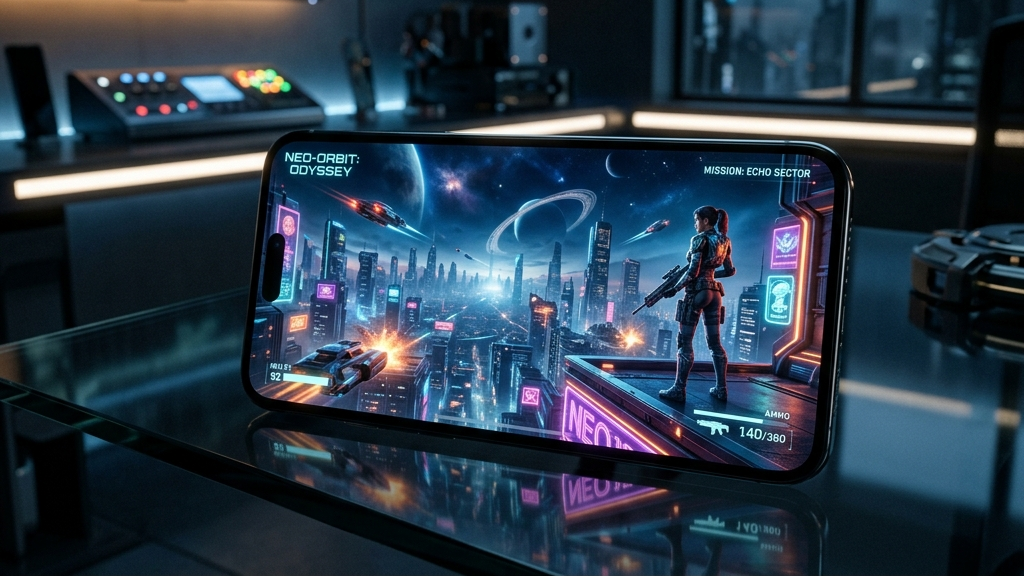 A cinematic widescreen premium photograph showing a modern smartphone on a sleek glass desk, with its screen displaying a stunning high-fidelity sci-fi adventure game with vibrant dynamic lighting, suggesting console-quality graphics on mobile