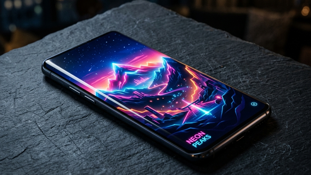 A cinematic widescreen premium photograph showing a sleek, modern smartphone resting on a dark slate surface, with its screen displaying a stunning high-fidelity game environment of glowing neon mountain ranges. Elegant reflections on the phone's glass edges, moody lighting, dark-mode color palette