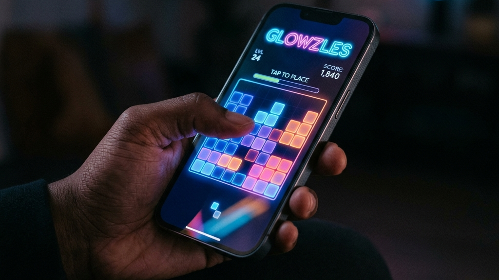 A high-end, premium close-up photograph of a hand holding a sleek smartphone, with the screen displaying a clean, vibrant abstract puzzle game. The lighting is moody and dark with soft neon reflections on the phone's glass, emphasizing comfortable one-handed play. Minimalist backdrop