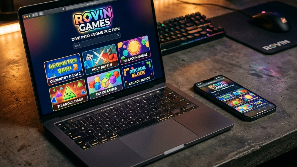 A cinematic, high-end premium photograph of a sleek modern laptop and a smartphone resting next to each other on a dark concrete gaming desk under warm, cozy lighting. Both screens display the Rovin Games website showing a selection of colorful, geometric web game thumbnails.