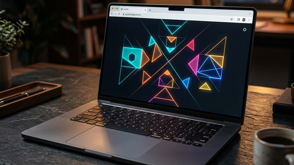A cinematic, high-end widescreen premium photograph of a sleek modern laptop resting on a dark slate desk. The laptop screen displays a clean, minimalist web browser interface showing a gorgeous, geometric browser puzzle game.