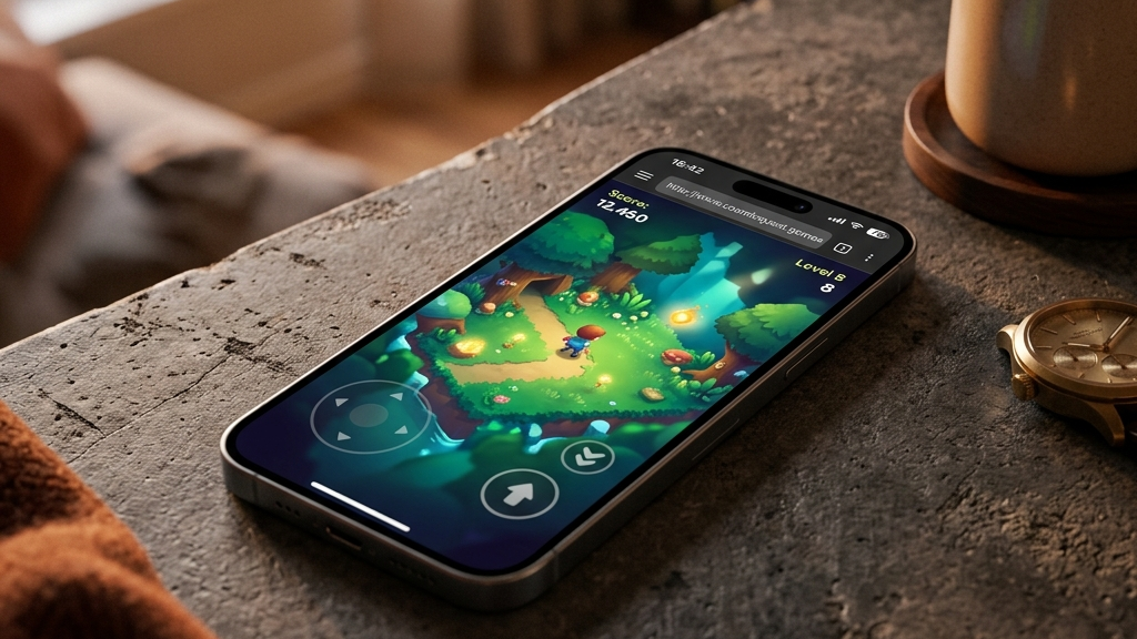 A cinematic, high-end premium photograph of a modern smartphone lying on a sleek concrete surface under warm, cozy lighting. The smartphone screen shows a clean, responsive browser-based game running directly inside a mobile browser tab with no app store download overlays.