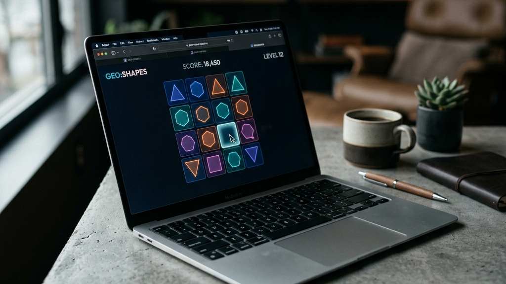 A cinematic, high-end widescreen premium photograph of an older, shared desktop computer in a cozy school computer lab. The monitor shows a colorful, responsive web arcade game running smoothly with zero lag, displaying a geometric pattern.