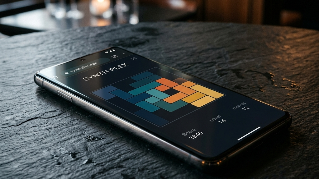 A cinematic, high-end widescreen premium photograph of a modern smartphone resting on a dark slate table. The phone screen displays a clean, minimalist web browser puzzle game with elegant, interlocking colored blocks on a dark background.