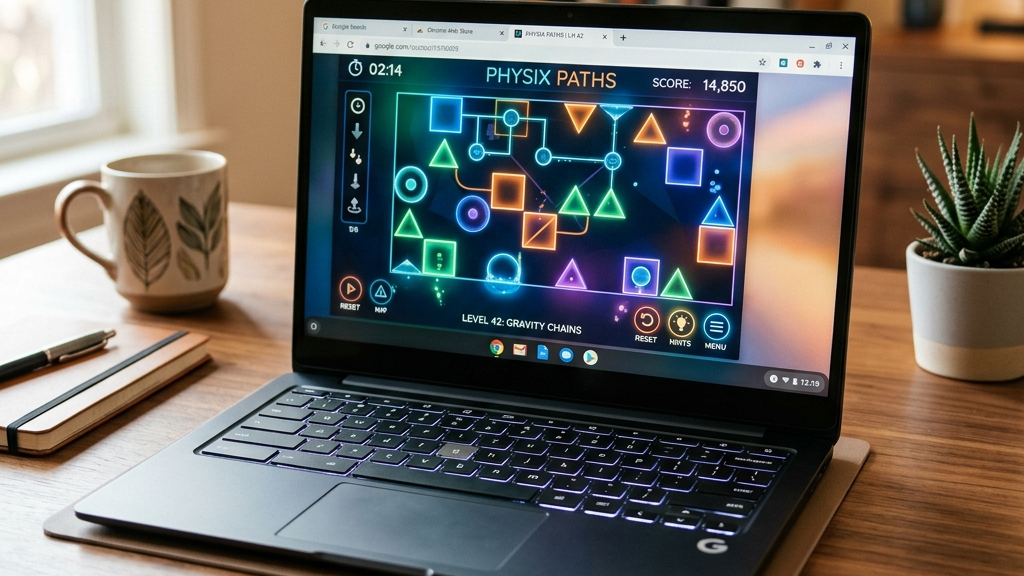 A cinematic, high-end widescreen premium photograph of a modern Chromebook laptop open on a clean wooden desk. The screen displays a colorful, geometric physics puzzle game running inside a Chrome browser tab.