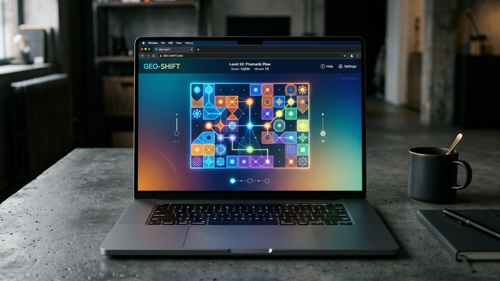 A cinematic, high-end widescreen premium photograph of an open laptop resting on a dark concrete desk. The laptop screen displays a clean, minimalist web browser showing a gorgeous geometric puzzle game with no login forms or account setup fields.