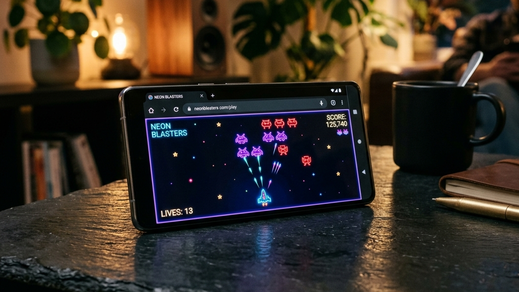 A cinematic, high-end widescreen premium photograph of a modern smartphone resting on a dark slate table. The phone screen displays a vibrant, minimalist neon retro arcade shooter game running inside a web browser.