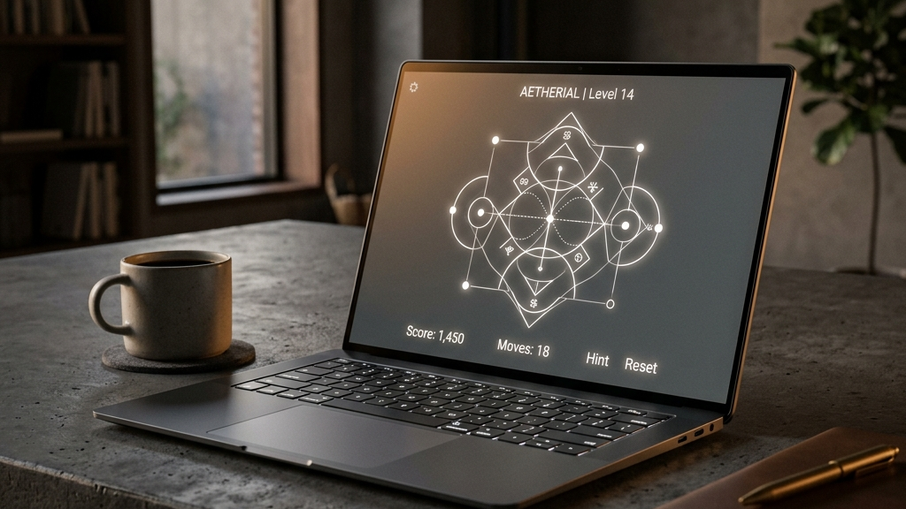 A cinematic, high-end widescreen premium photograph of an open, ultra-slim laptop resting on a minimalist concrete desk. The laptop screen displays a beautiful, geometric and minimalist browser puzzle game with clean white lines on a dark gray background.