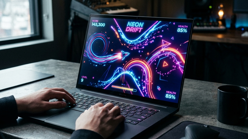 A cinematic, high-end widescreen premium photograph of an open laptop sitting on a dark concrete desk. The laptop screen displays a modern HTML5 game with stunning fluid mechanics and colorful neon geometric trails.