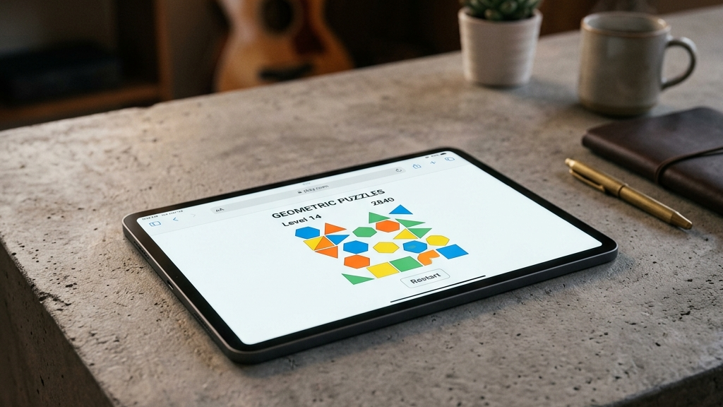 A cinematic, high-end widescreen premium photograph of a modern tablet computer resting on a concrete desk. The tablet screen displays a clean, minimalist web browser showing a colorful geometric puzzle game with no login forms or popups.