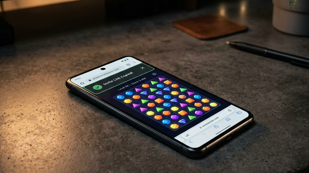 A cinematic, high-end widescreen premium photograph of a modern smartphone resting on a dark concrete desk. The phone's screen displays a clean, minimalist web browser with a prominent 'Invite Link Copied' banner and a share icon over a colorful, geometric block matching game.