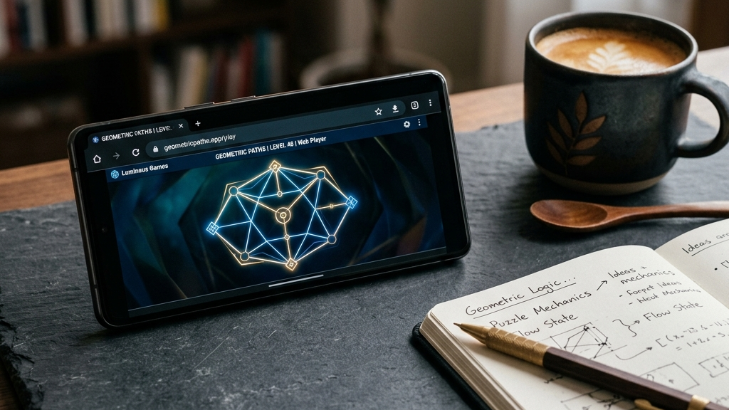 A cinematic, high-end premium photograph of a modern smartphone resting on a dark slate desk next to a notebook and a cup of coffee. The smartphone screen shows a clean, elegant geometric puzzle game with glowing lines running in a browser tab.