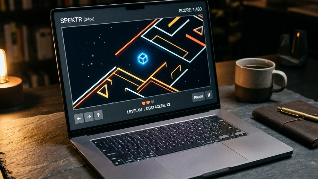 A cinematic, high-end premium photograph of a sleek modern laptop open on a modern slate desk under warm, moody ambient lighting. The laptop screen shows a clean, minimalist web game with high-contrast geometric graphics and a very simple, clean controls user interface.