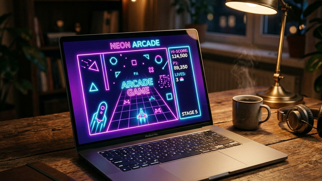 A cinematic, high-end widescreen premium photograph of a sleek modern laptop open on a rustic dark wooden desk under warm, moody ambient lighting. The laptop screen displays a vibrant, modern neon-colored retro web arcade game with geometric graphics and a classic high score interface.