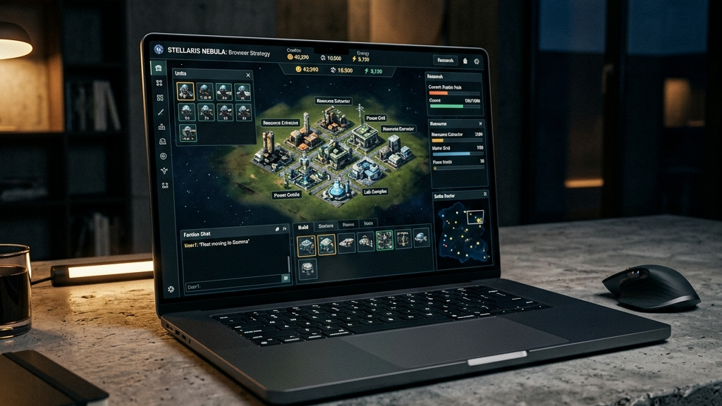 A cinematic, high-end widescreen premium photograph of a sleek modern laptop on a concrete desk in a moody dark room. The screen shows a sophisticated, detailed browser strategy game with modular base-building elements.