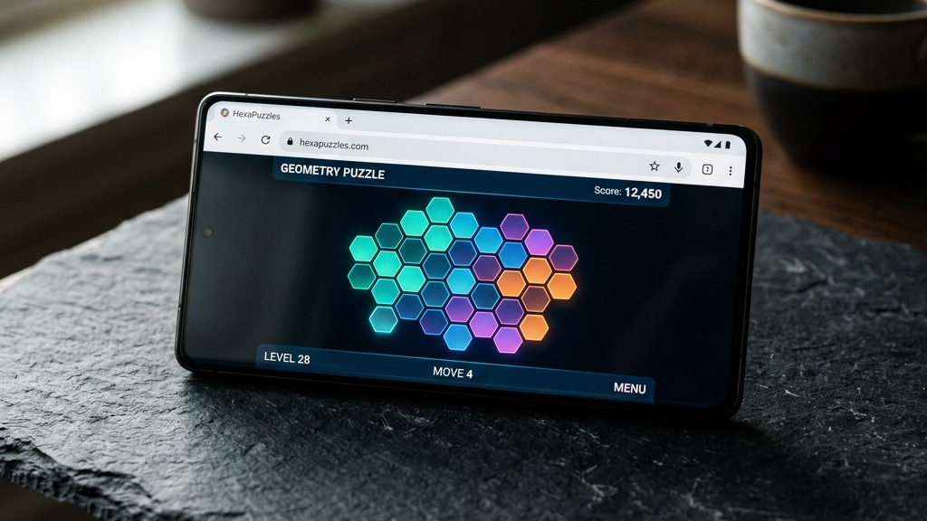 A cinematic, high-end widescreen premium photograph of a modern smartphone resting on a dark slate table. The phone screen displays a clean, minimalist web browser showing a gorgeous geometric puzzle game that loads instantly.