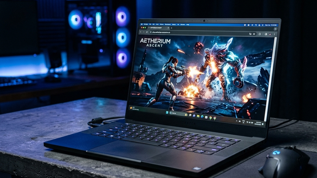 A cinematic, high-end premium photograph of a modern open laptop resting on a sleek concrete gaming desk under cool, moody neon lighting. The laptop screen shows a graphically advanced, detailed 3D action game running smoothly in a web browser tab with no client installation.