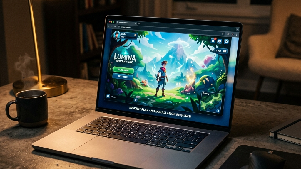 A cinematic, high-end premium photograph of a sleek modern laptop open on a modern concrete desk under warm, moody ambient lighting. The laptop screen shows a vibrant, colorful browser-based game loading instantly, with a clean interface and zero install prompts.