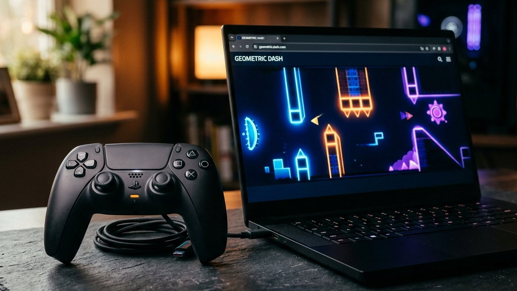 A cinematic, high-end widescreen premium photograph of a modern gamepad controller resting on a dark slate desk next to a sleek open laptop. The laptop screen displays a clean, minimalist web browser action game with glowing geometric obstacles.