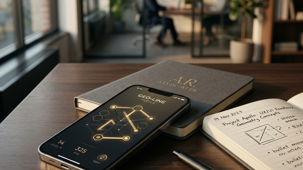 A cinematic, high-end widescreen premium photograph of a modern smartphone resting on a minimalist corporate office desk next to a sleek open notebook. The phone's screen displays a clean, elegant browser puzzle game with simple geometric lines in gold and dark gray highlights.