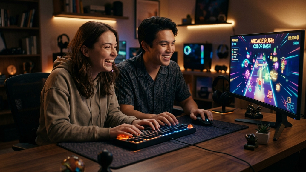 Two players sitting together sharing a single illuminated keyboard playing arcade games