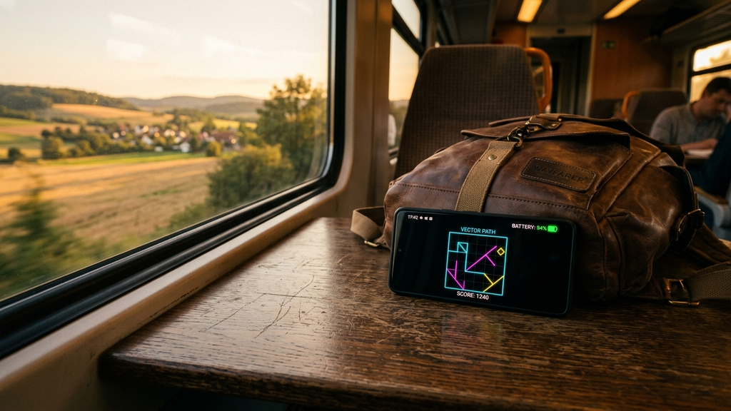 An Android smartphone displaying an OLED dark mode vector puzzle on a train table during a golden sunset commute
