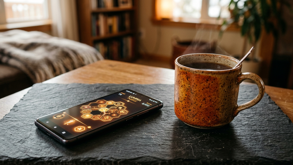 A sleek modern Android smartphone resting on a dark slate desk next to a warm coffee mug, showing an elegant geometric number puzzle interface on its screen.