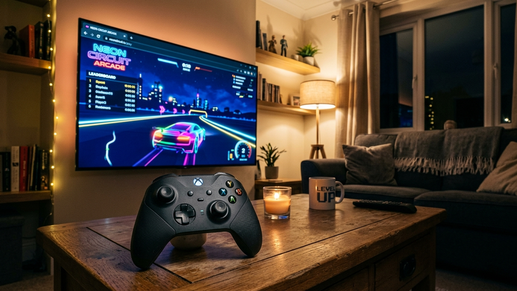 A cozy modern living room with an Xbox wireless controller on the coffee table in front of a wall-mounted TV displaying a full-screen neon web arcade racer.