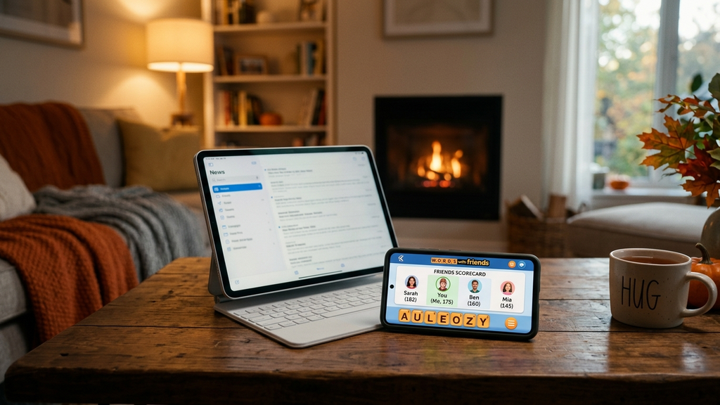 A smartphone on a wooden living room table displaying a turn-based social puzzle game in a Messenger chat window next to a laptop and mug.