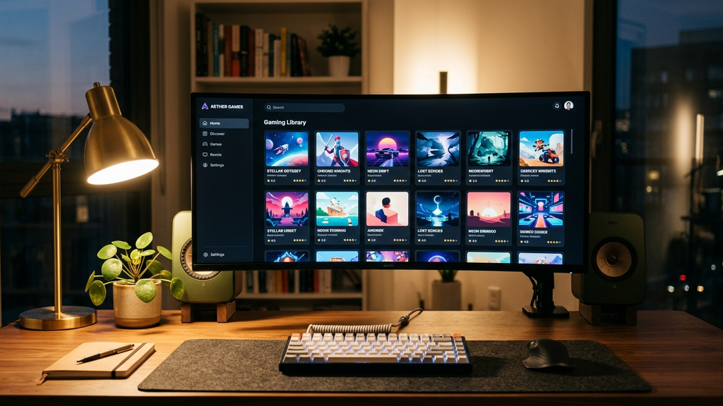 A clean minimalist desk setup with an ultrawide monitor displaying an ad-free web gaming library